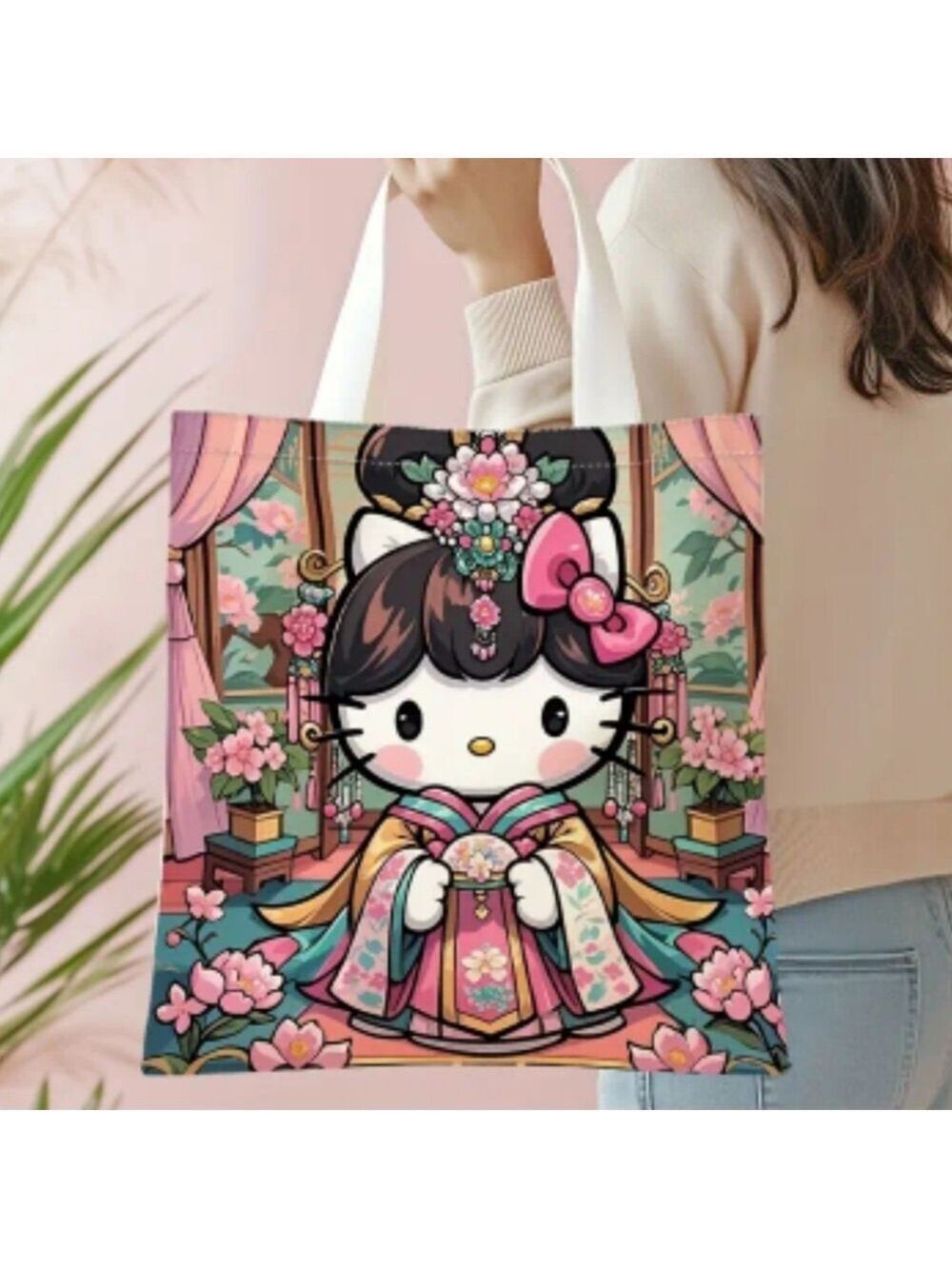 Hello Kitty Pink and Aqua Tote Bag With Cherry Blossoms